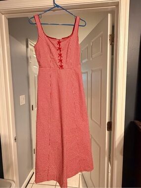 Red Gingham Sleeveless Midi Dress